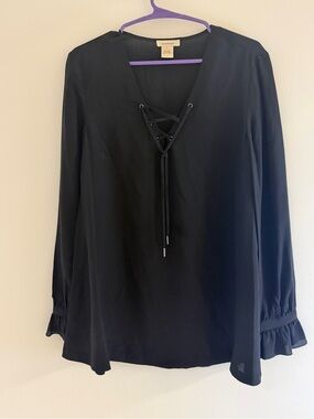 Sundance Black Silk Lace-Up V-Neck Blouse